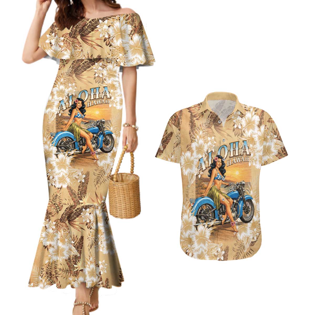 Aloha Hawaii Biker Couples Matching Mermaid Dress and Hawaiian Shirt Ride To Paradise