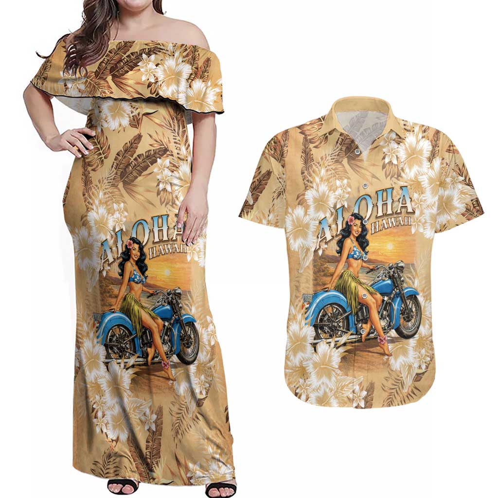 Aloha Hawaii Biker Couples Matching Off Shoulder Maxi Dress and Hawaiian Shirt Ride To Paradise