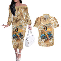 Aloha Hawaii Biker Couples Matching Off The Shoulder Long Sleeve Dress and Hawaiian Shirt Ride To Paradise LT05 Beige - Polynesian Pride