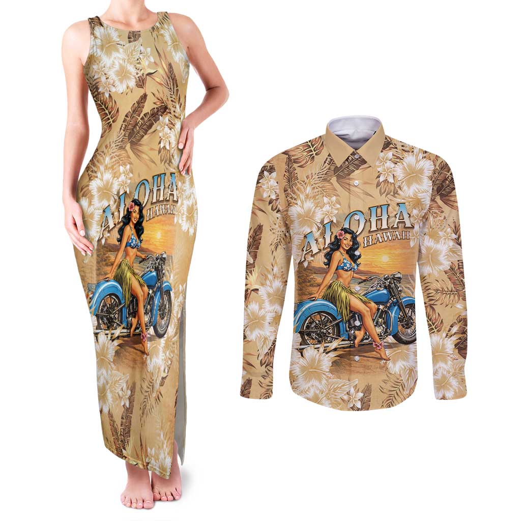 Aloha Hawaii Biker Couples Matching Tank Maxi Dress and Long Sleeve Button Shirt Ride To Paradise