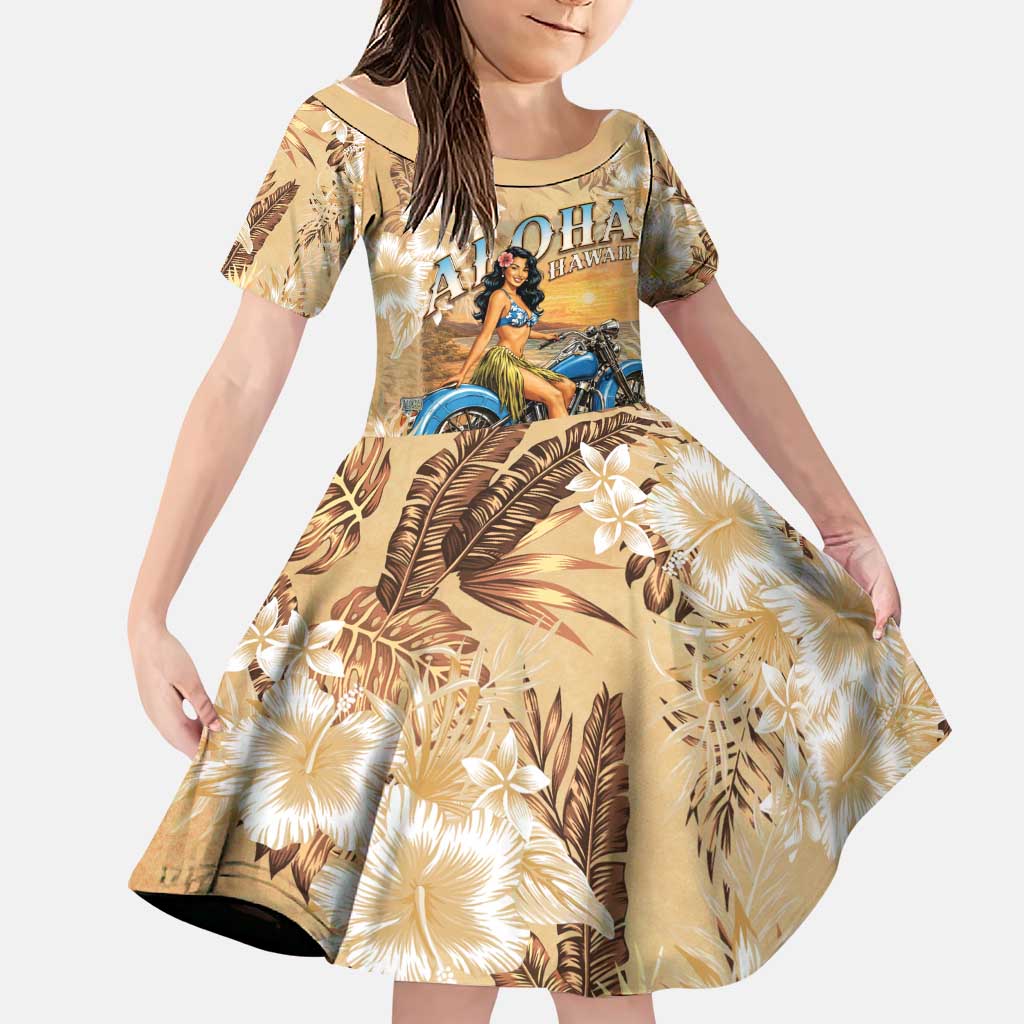 Aloha Hawaii Biker Family Matching Mermaid Dress and Hawaiian Shirt Ride To Paradise LT05 Daughter's Dress Beige - Polynesian Pride
