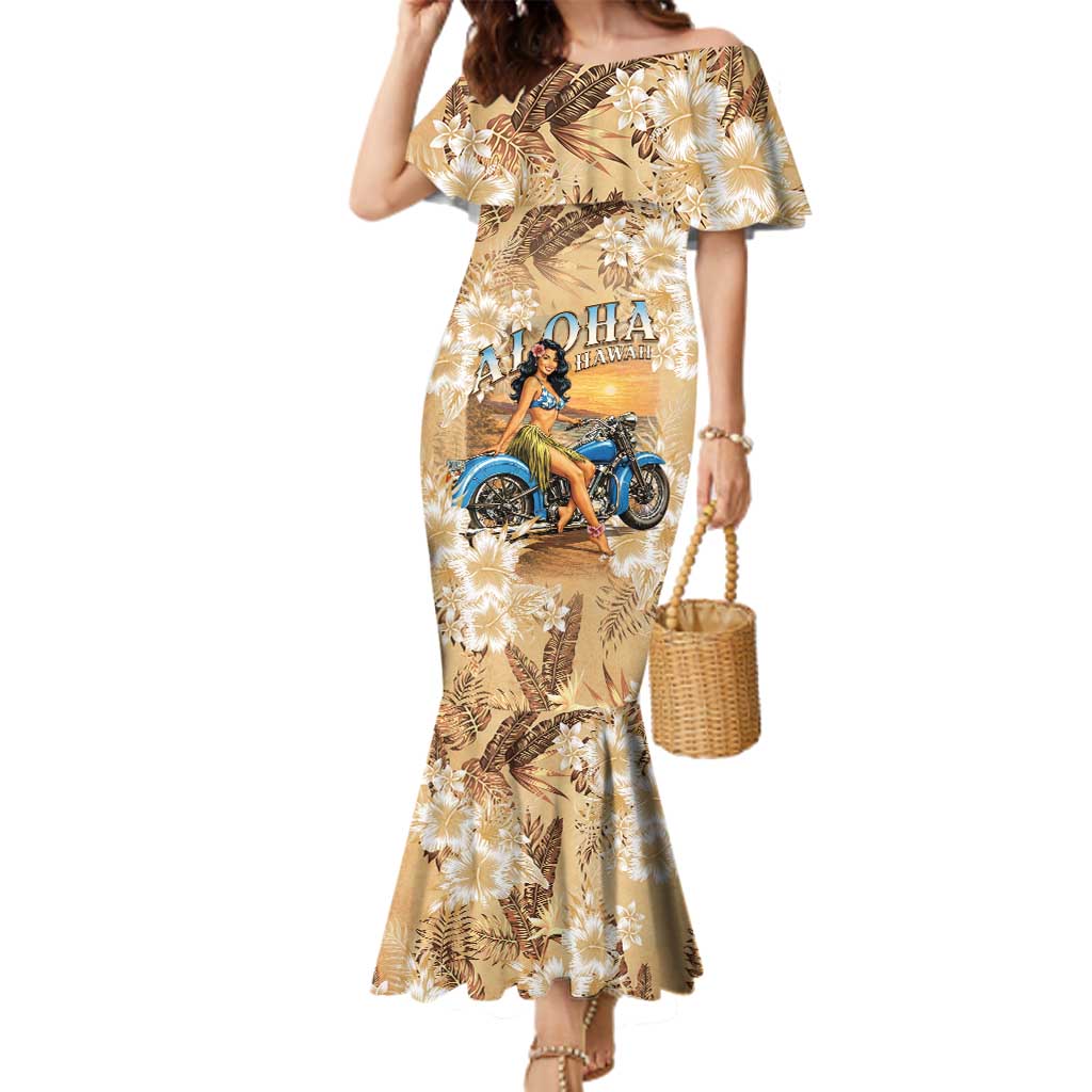 Aloha Hawaii Biker Family Matching Mermaid Dress and Hawaiian Shirt Ride To Paradise LT05 Mom's Dress Beige - Polynesian Pride
