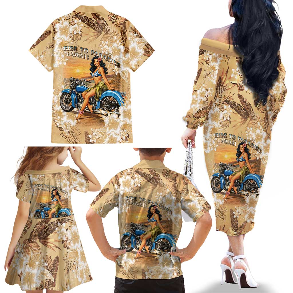 Aloha Hawaii Biker Family Matching Off The Shoulder Long Sleeve Dress and Hawaiian Shirt Ride To Paradise