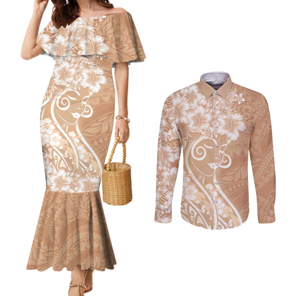 Polynesian Women's Day Couples Matching Mermaid Dress and Long Sleeve Button Shirt Brown Hibiscus Flowers With Polynesian Pattern LT05 Brown - Polynesian Pride