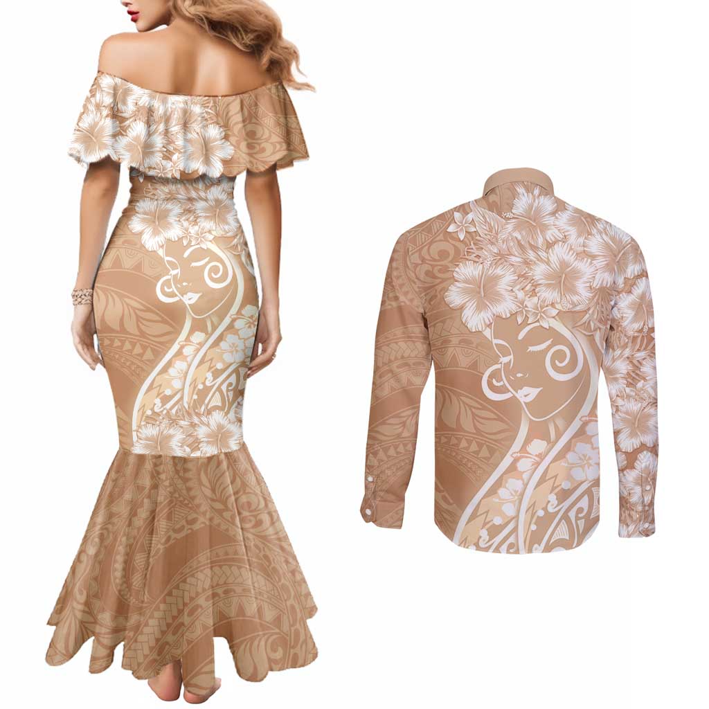 Polynesian Women's Day Couples Matching Mermaid Dress and Long Sleeve Button Shirt Brown Hibiscus Flowers With Polynesian Pattern LT05 - Polynesian Pride