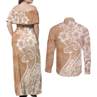 Polynesian Women's Day Couples Matching Off Shoulder Maxi Dress and Long Sleeve Button Shirt Brown Hibiscus Flowers With Polynesian Pattern LT05 - Polynesian Pride