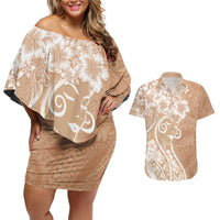 Polynesian Women's Day Couples Matching Off Shoulder Short Dress and Hawaiian Shirt Brown Hibiscus Flowers With Polynesian Pattern