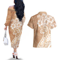 Polynesian Women's Day Couples Matching Off The Shoulder Long Sleeve Dress and Hawaiian Shirt Brown Hibiscus Flowers With Polynesian Pattern LT05 - Polynesian Pride