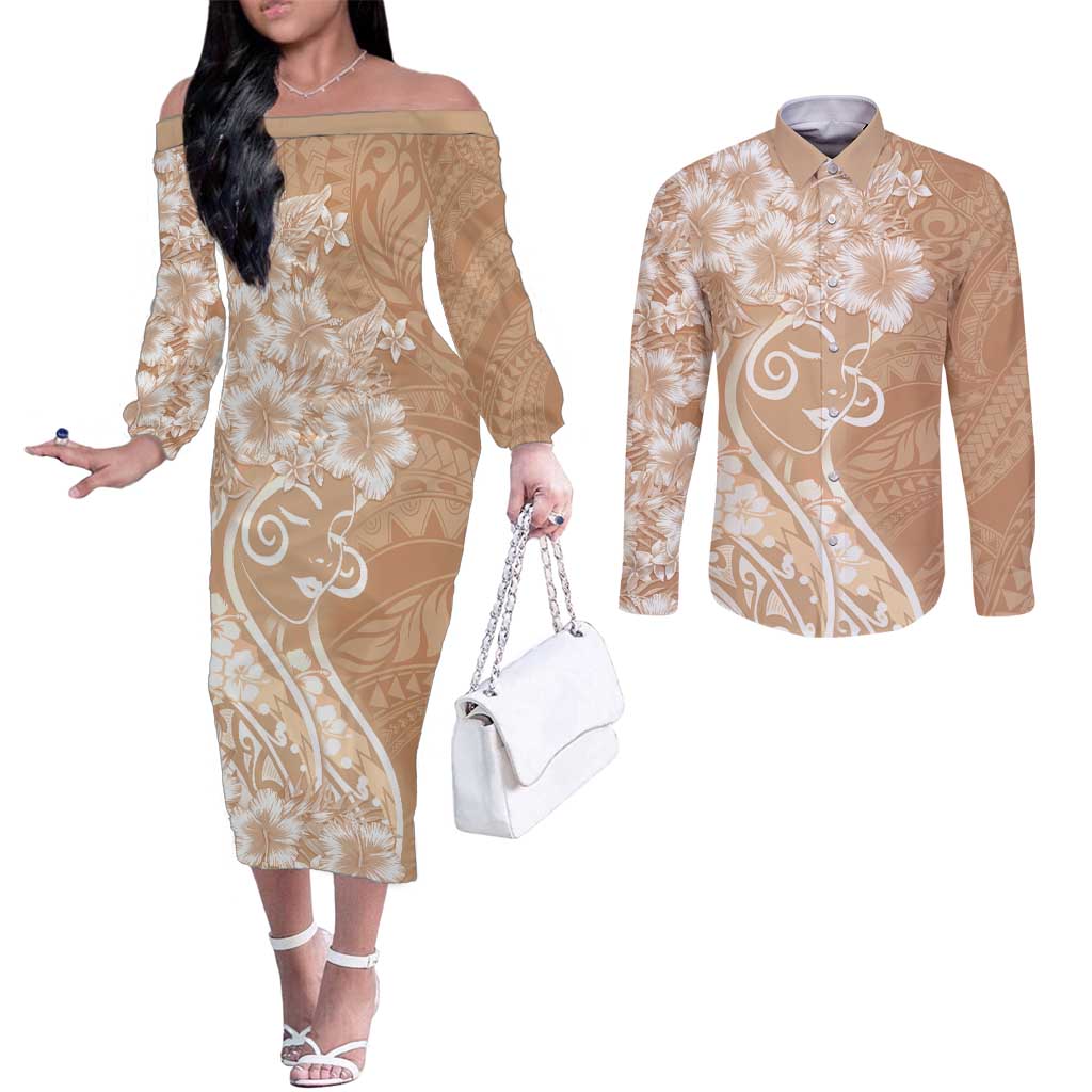 Polynesian Women's Day Couples Matching Off The Shoulder Long Sleeve Dress and Long Sleeve Button Shirt Brown Hibiscus Flowers With Polynesian Pattern