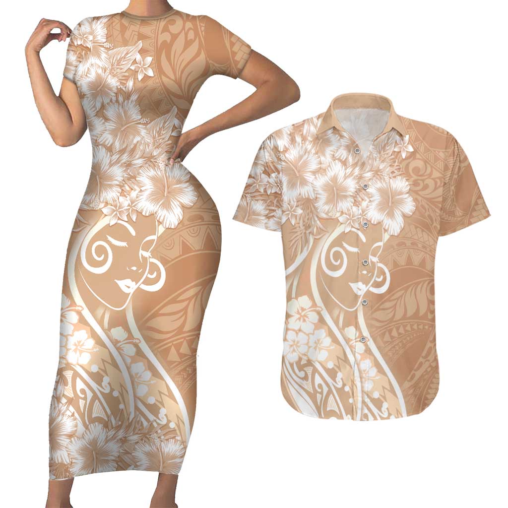 Polynesian Women's Day Couples Matching Short Sleeve Bodycon Dress and Hawaiian Shirt Brown Hibiscus Flowers With Polynesian Pattern LT05 Brown - Polynesian Pride