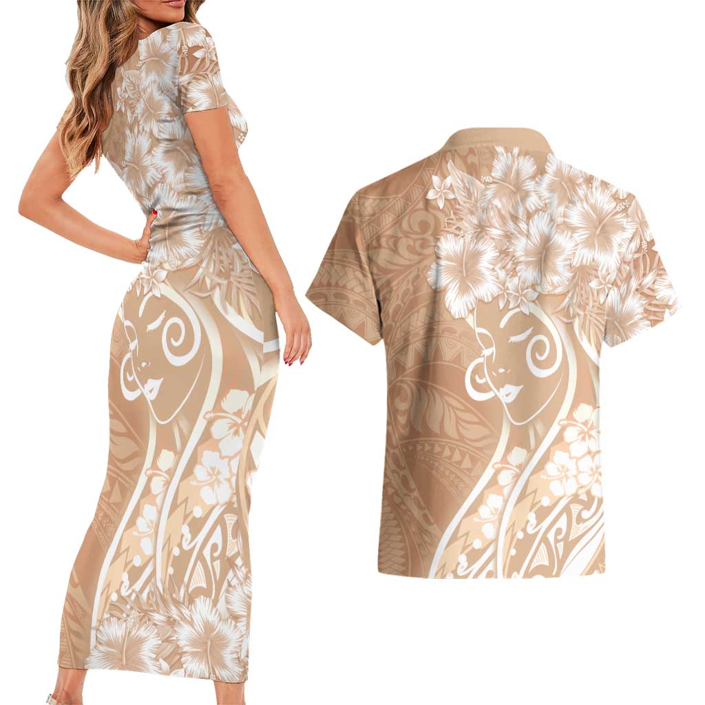 Polynesian Women's Day Couples Matching Short Sleeve Bodycon Dress and Hawaiian Shirt Brown Hibiscus Flowers With Polynesian Pattern LT05 - Polynesian Pride