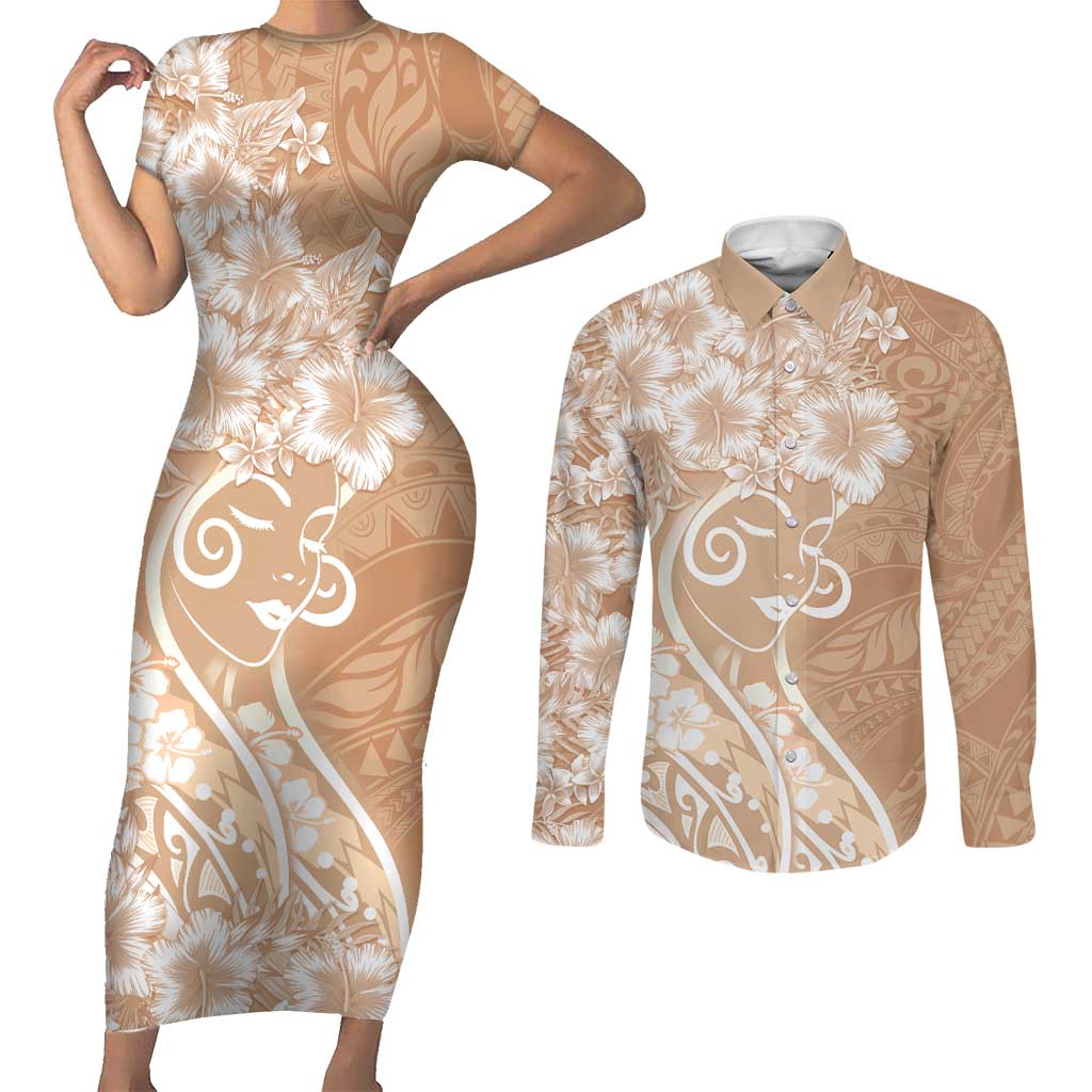 Polynesian Women's Day Couples Matching Short Sleeve Bodycon Dress and Long Sleeve Button Shirt Brown Hibiscus Flowers With Polynesian Pattern