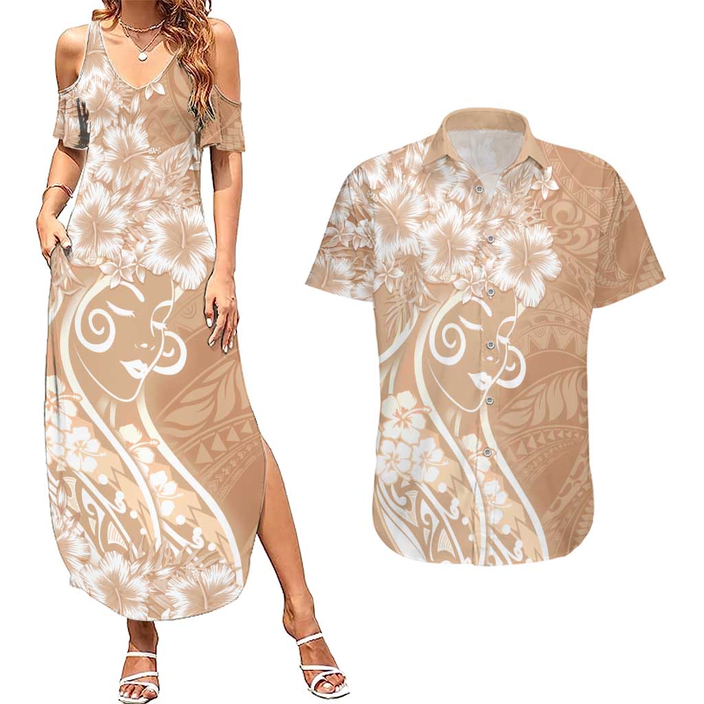 Polynesian Women's Day Couples Matching Summer Maxi Dress and Hawaiian Shirt Brown Hibiscus Flowers With Polynesian Pattern