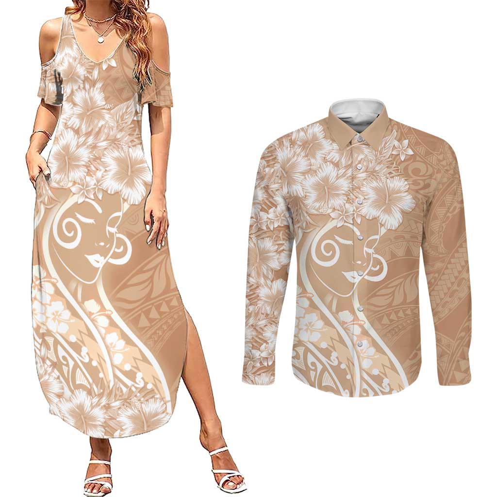Polynesian Women's Day Couples Matching Summer Maxi Dress and Long Sleeve Button Shirt Brown Hibiscus Flowers With Polynesian Pattern