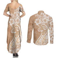 Polynesian Women's Day Couples Matching Summer Maxi Dress and Long Sleeve Button Shirt Brown Hibiscus Flowers With Polynesian Pattern