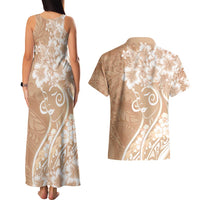 Polynesian Women's Day Couples Matching Tank Maxi Dress and Hawaiian Shirt Brown Hibiscus Flowers With Polynesian Pattern