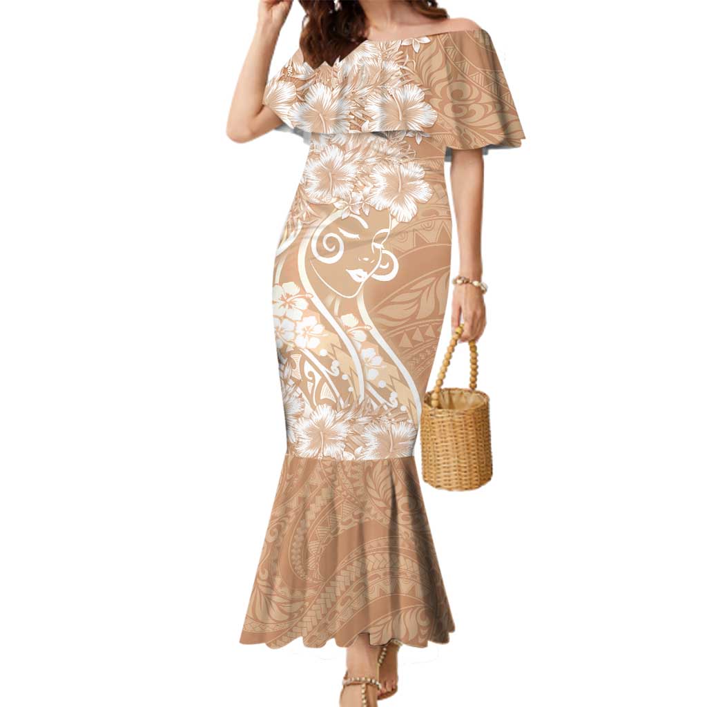Polynesian Women's Day Family Matching Mermaid Dress and Hawaiian Shirt Brown Hibiscus Flowers With Polynesian Pattern