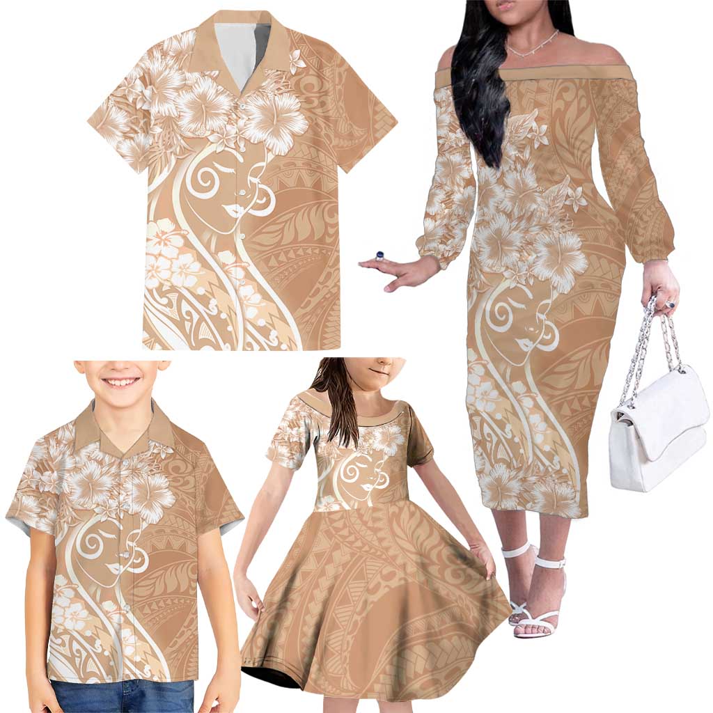 Polynesian Women's Day Family Matching Off The Shoulder Long Sleeve Dress and Hawaiian Shirt Brown Hibiscus Flowers With Polynesian Pattern