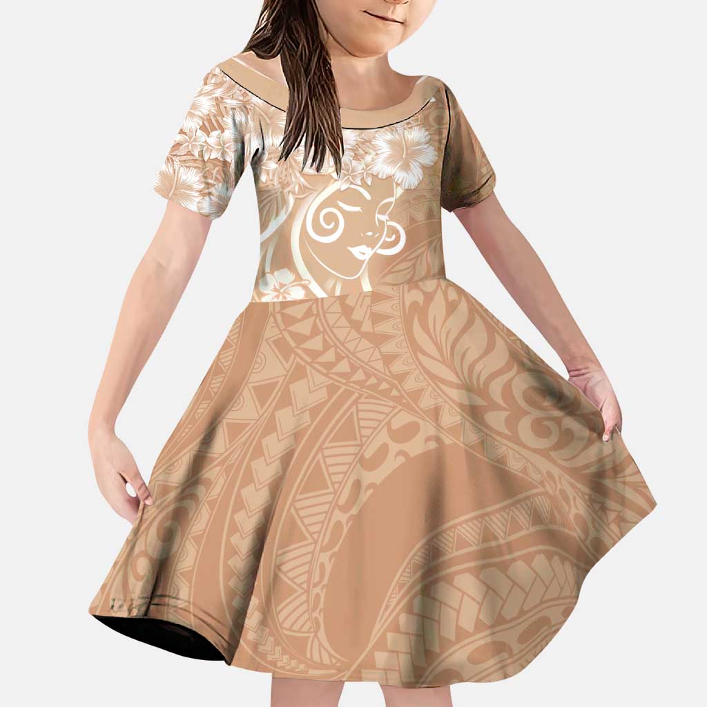 Polynesian Women's Day Family Matching Puletasi and Hawaiian Shirt Brown Hibiscus Flowers With Polynesian Pattern LT05 Daughter's Dress Brown - Polynesian Pride