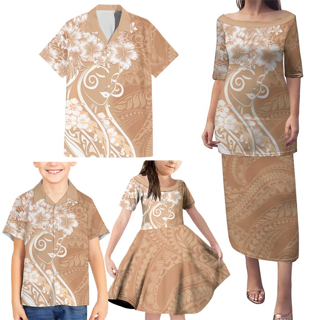Polynesian Women's Day Family Matching Puletasi and Hawaiian Shirt Brown Hibiscus Flowers With Polynesian Pattern LT05 - Polynesian Pride