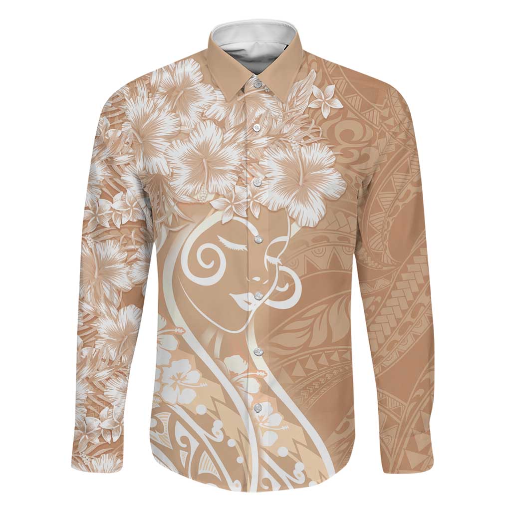 Polynesian Women's Day Family Matching Puletasi and Hawaiian Shirt Brown Hibiscus Flowers With Polynesian Pattern LT05 Dad's Shirt - Long Sleeve Brown - Polynesian Pride