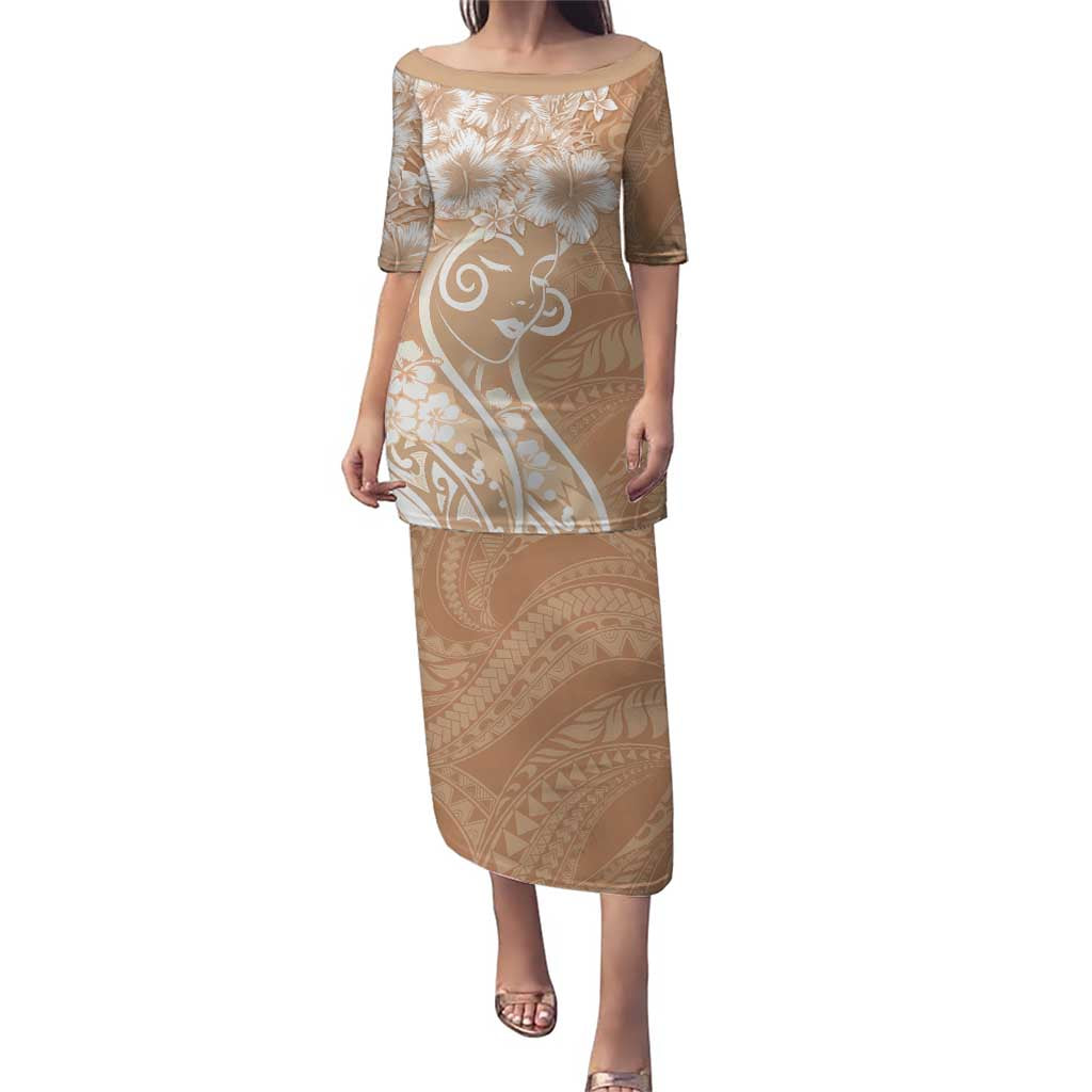 Polynesian Women's Day Family Matching Puletasi and Hawaiian Shirt Brown Hibiscus Flowers With Polynesian Pattern LT05 Mom's Dress Brown - Polynesian Pride