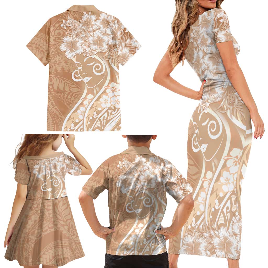 Polynesian Women's Day Family Matching Short Sleeve Bodycon Dress and Hawaiian Shirt Brown Hibiscus Flowers With Polynesian Pattern
