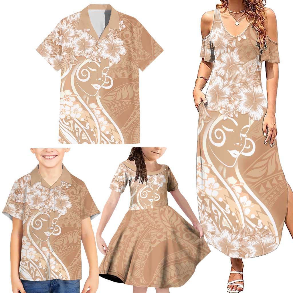 Polynesian Women's Day Family Matching Summer Maxi Dress and Hawaiian Shirt Brown Hibiscus Flowers With Polynesian Pattern