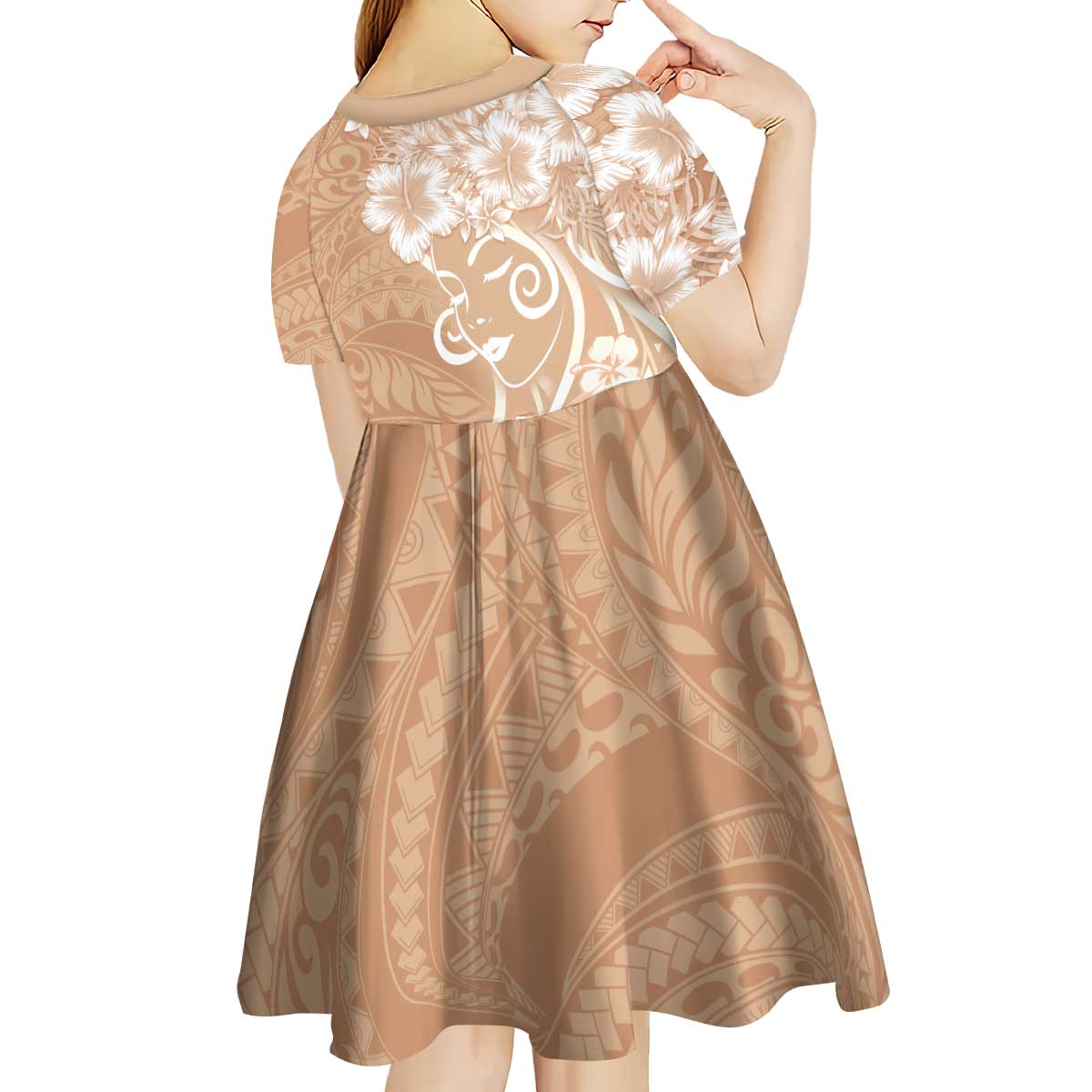 Polynesian Women's Day Kid Short Sleeve Dress Brown Hibiscus Flowers With Polynesian Pattern