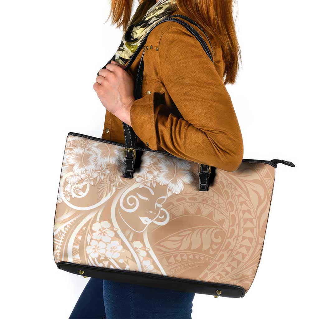 Polynesian Women's Day Leather Tote Bag Brown Hibiscus Flowers With Polynesian Pattern