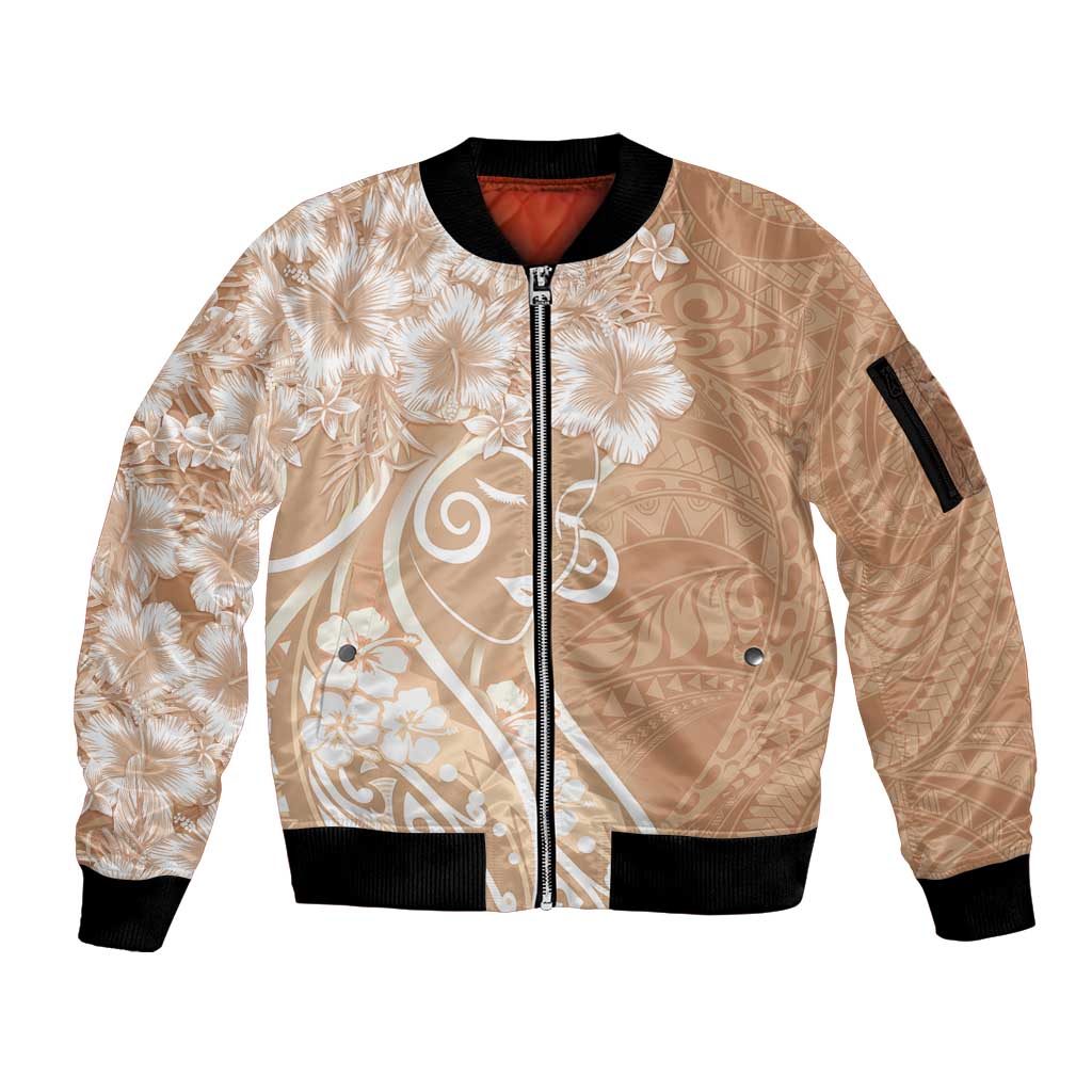 Polynesian Women's Day Sleeve Zip Bomber Jacket Brown Hibiscus Flowers With Polynesian Pattern