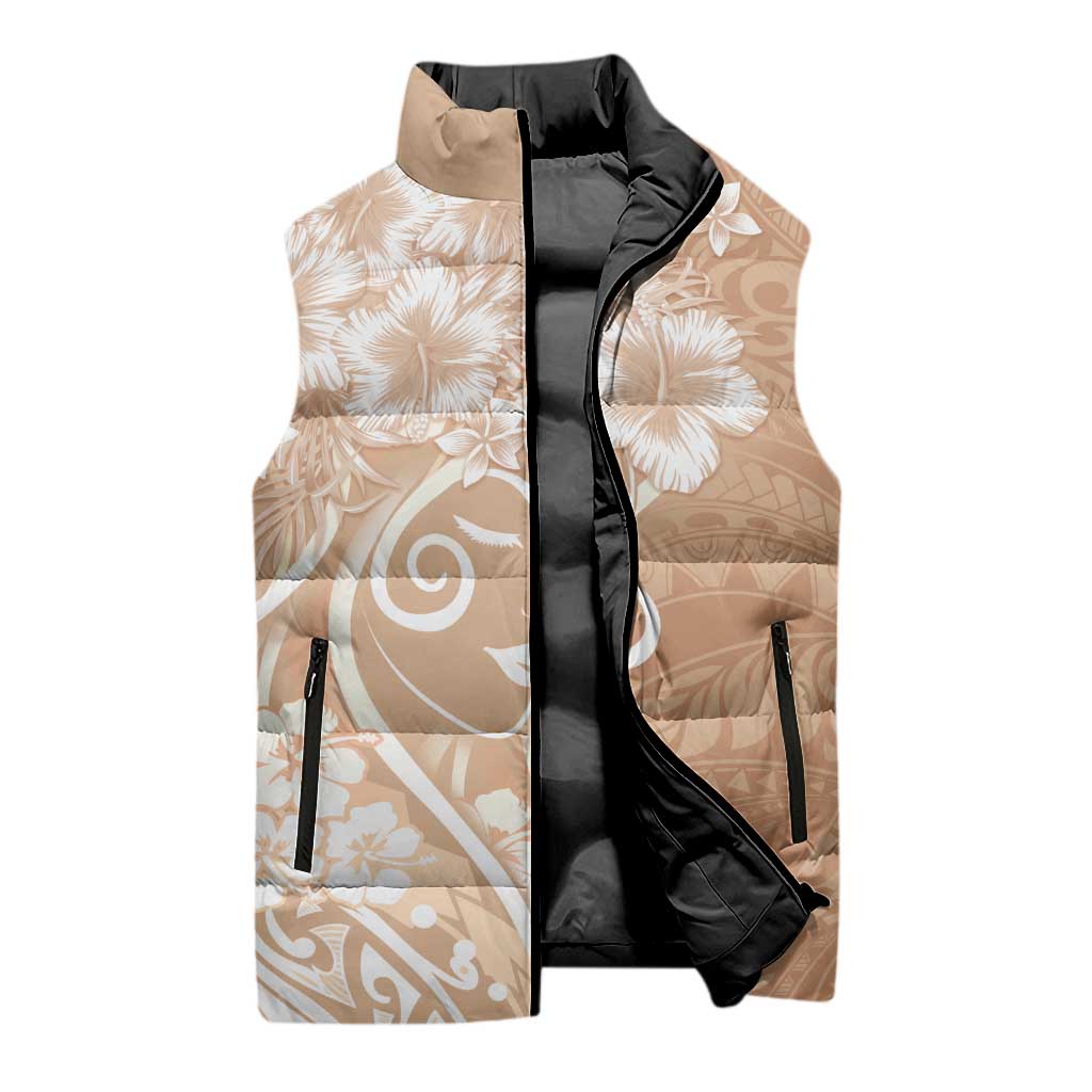 Polynesian Women's Day Sleeveless Puffer Jacket Brown Hibiscus Flowers With Polynesian Pattern