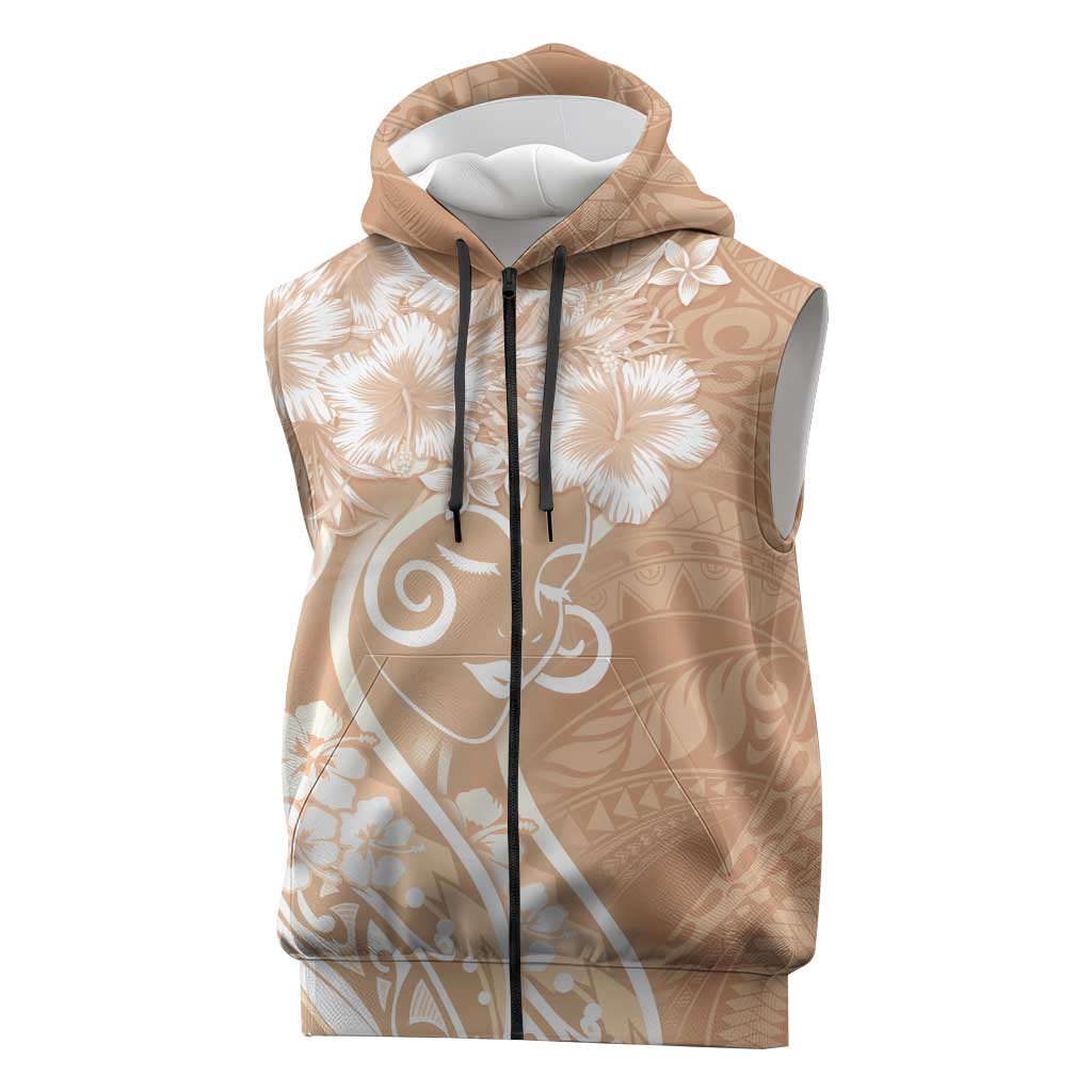 Polynesian Women's Day Sleeveless Zip Hoodie Brown Hibiscus Flowers With Polynesian Pattern LT05 Brown - Polynesian Pride