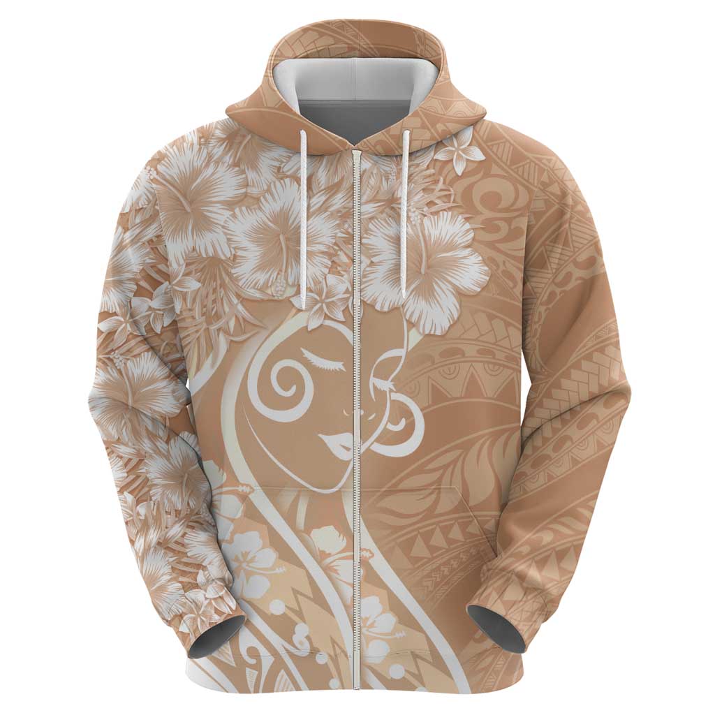 Polynesian Women's Day Zip Hoodie Brown Hibiscus Flowers With Polynesian Pattern LT05 - Polynesian Pride