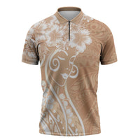 Polynesian Women's Day Zipper Polo Shirt Brown Hibiscus Flowers With Polynesian Pattern LT05 Brown - Polynesian Pride