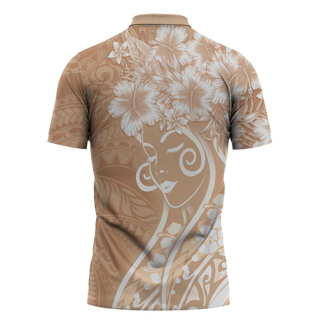 Polynesian Women's Day Zipper Polo Shirt Brown Hibiscus Flowers With Polynesian Pattern LT05 - Polynesian Pride