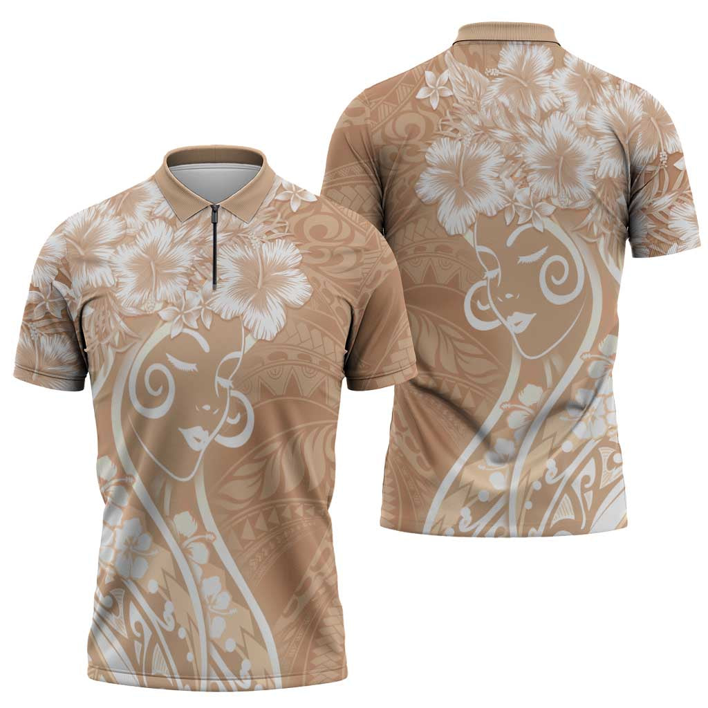 Polynesian Women's Day Zipper Polo Shirt Brown Hibiscus Flowers With Polynesian Pattern LT05 - Polynesian Pride