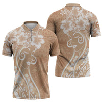 Polynesian Women's Day Zipper Polo Shirt Brown Hibiscus Flowers With Polynesian Pattern LT05 - Polynesian Pride