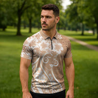 Polynesian Women's Day Zipper Polo Shirt Brown Hibiscus Flowers With Polynesian Pattern LT05 - Polynesian Pride
