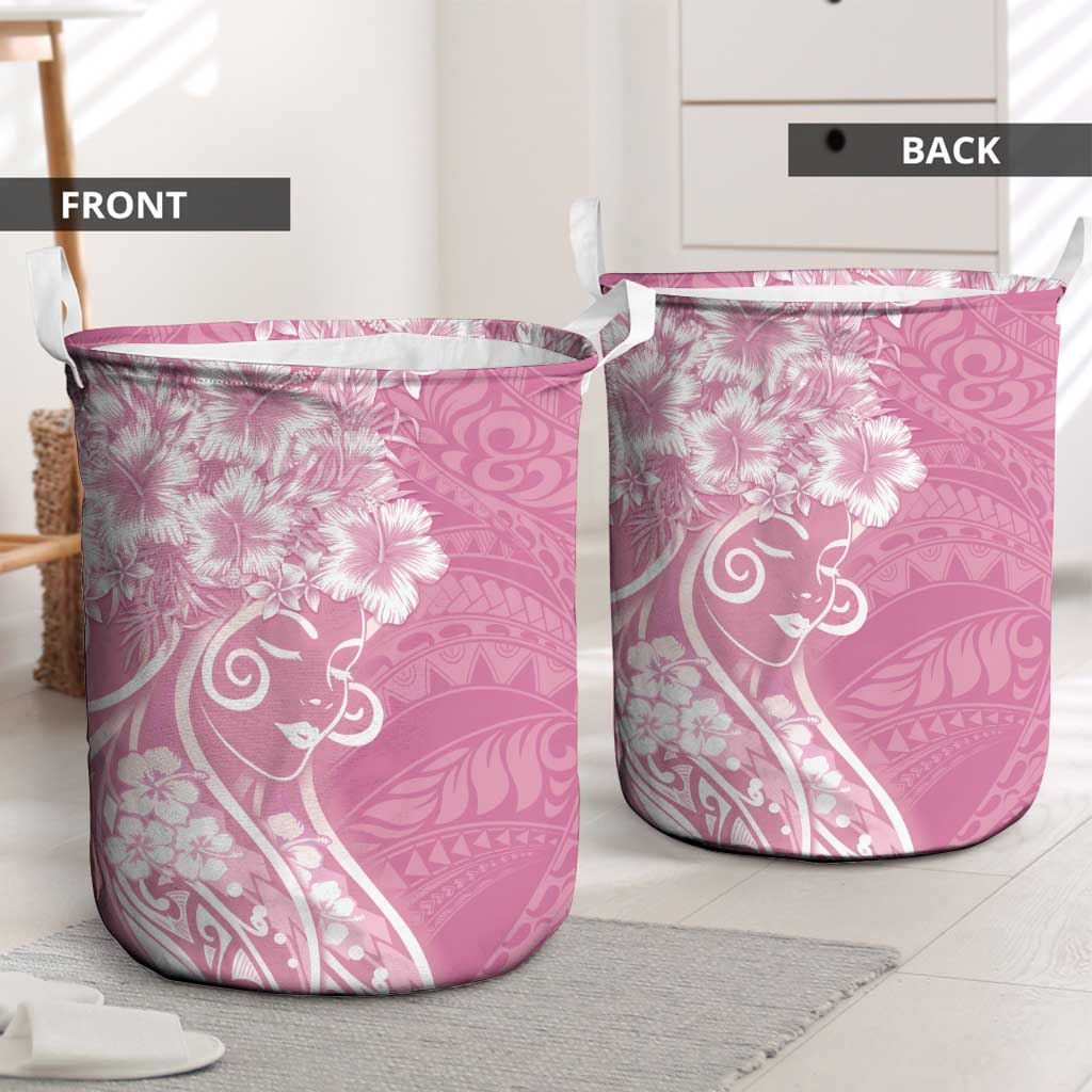 Polynesian Women's Day Laundry Basket Pink Hibiscus Flowers With Polynesian Pattern