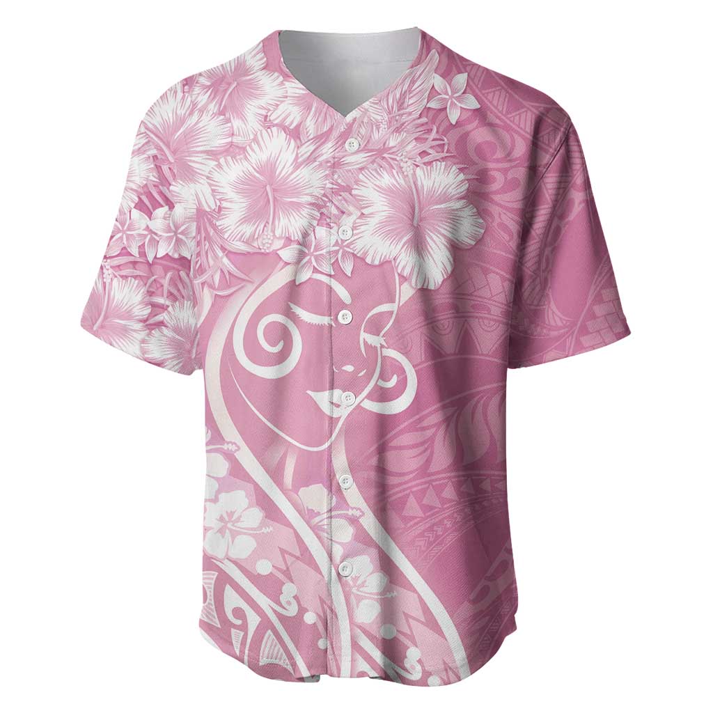 Polynesian Women's Day Baseball Jersey Pink Hibiscus Flowers With Polynesian Pattern