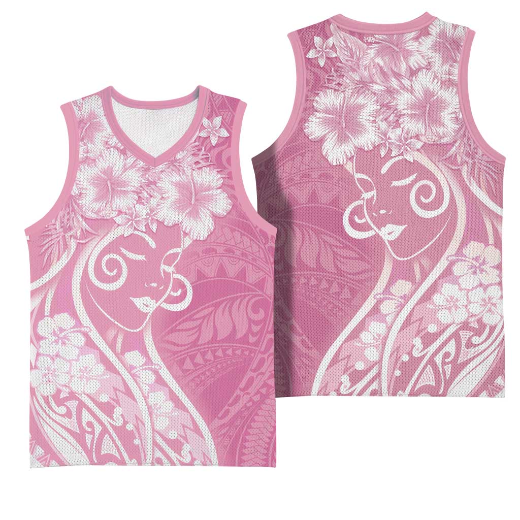 Polynesian Women's Day Basketball Jersey Pink Hibiscus Flowers With Polynesian Pattern LT05 - Polynesian Pride
