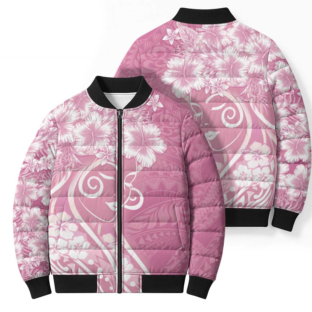 Polynesian Women's Day Bomber Puffer Jacket Pink Hibiscus Flowers With Polynesian Pattern