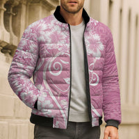 Polynesian Women's Day Bomber Puffer Jacket Pink Hibiscus Flowers With Polynesian Pattern