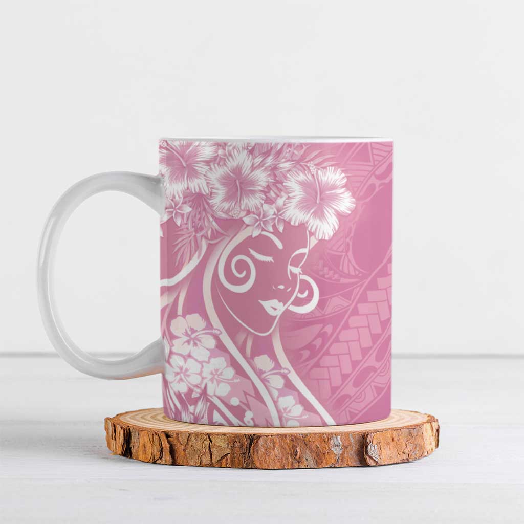 Polynesian Women's Day Ceramic Mug Pink Hibiscus Flowers With Polynesian Pattern
