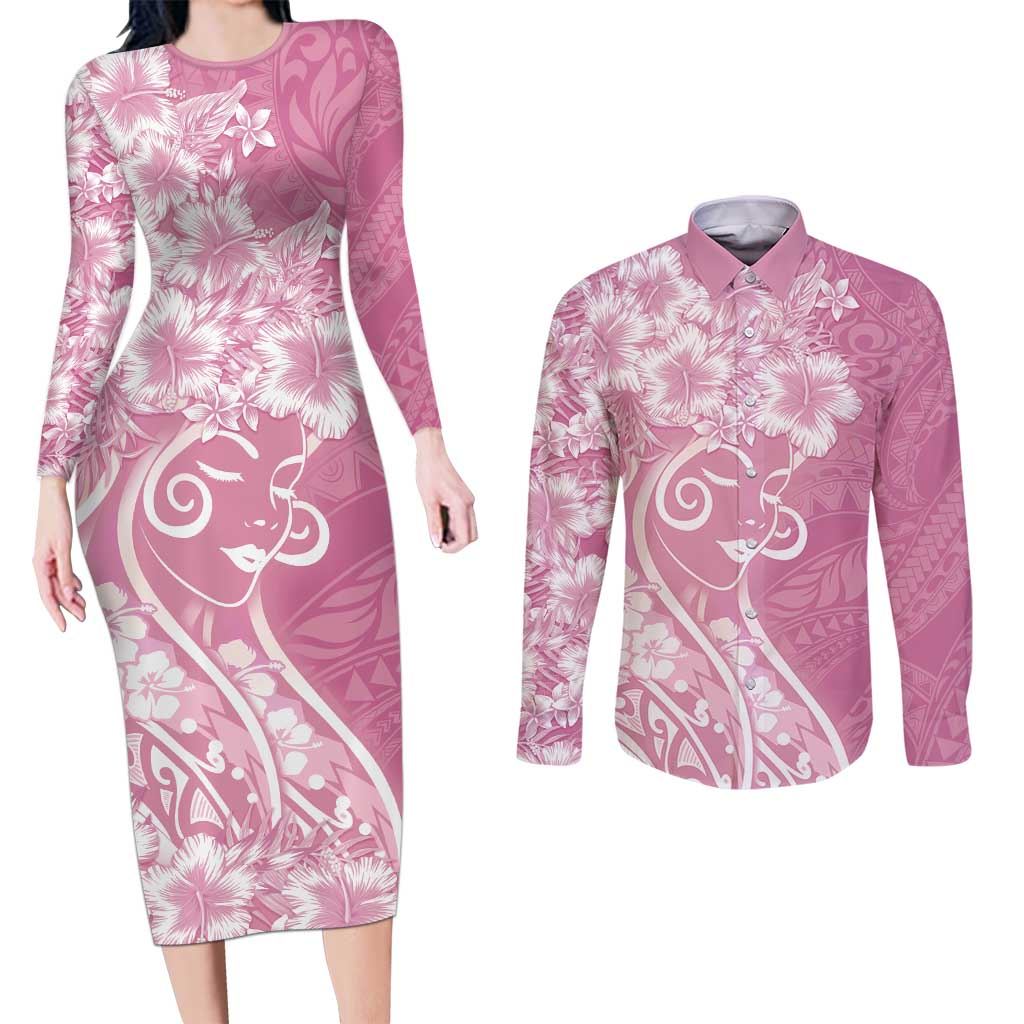 Polynesian Women's Day Couples Matching Long Sleeve Bodycon Dress and Long Sleeve Button Shirt Pink Hibiscus Flowers With Polynesian Pattern