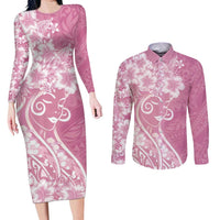 Polynesian Women's Day Couples Matching Long Sleeve Bodycon Dress and Long Sleeve Button Shirt Pink Hibiscus Flowers With Polynesian Pattern