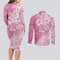 Polynesian Women's Day Couples Matching Long Sleeve Bodycon Dress and Long Sleeve Button Shirt Pink Hibiscus Flowers With Polynesian Pattern