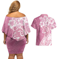 Polynesian Women's Day Couples Matching Off Shoulder Short Dress and Hawaiian Shirt Pink Hibiscus Flowers With Polynesian Pattern