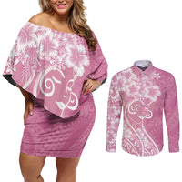 Polynesian Women's Day Couples Matching Off Shoulder Short Dress and Long Sleeve Button Shirt Pink Hibiscus Flowers With Polynesian Pattern LT05 Pink - Polynesian Pride